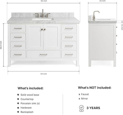 ARIEL Cambridge 54-inch Bathroom Vanity with Sink,Solid Wood, 1.5-inch Italian Carrara Marble Countertop, Single Rectangular Porcelain Sink, 2 Soft Closing Doors, 9 Dovetail Drawers, White