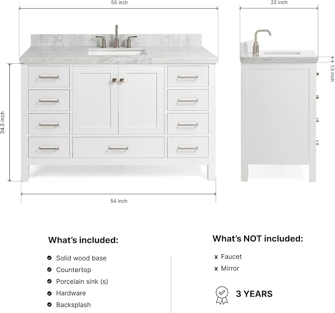 DKB Beckford 54-Inch White Bathroom Vanity with Sink, 1.5" Edge Italian Carrara Marble Countertop & Backsplash, Center Rectangular Sink, 2 Soft Closing Doors, 9 Dovetail Drawers, Brushed Nickel