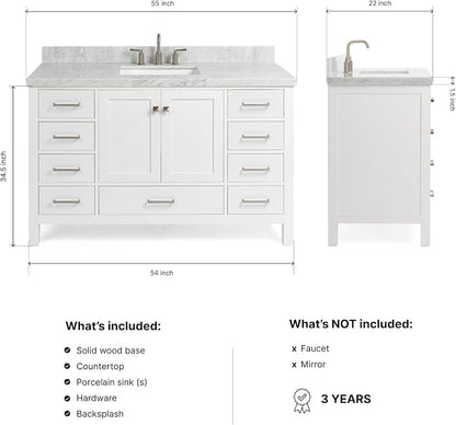 DKB Beckford 54-Inch White Bathroom Vanity with Sink, 1.5" Edge Italian Carrara Marble Countertop & Backsplash, Center Rectangular Sink, 2 Soft Closing Doors, 9 Dovetail Drawers, Brushed Nickel