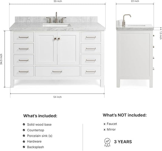 ARIEL Cambridge 54-inch Bathroom Vanity with Sink,Solid Wood, 1.5-inch Pure White Quartz Countertop & Backsplash, Single Rectangular Porcelain Sink, 2 Soft Closing Doors, 9 Dovetail Drawers, White
