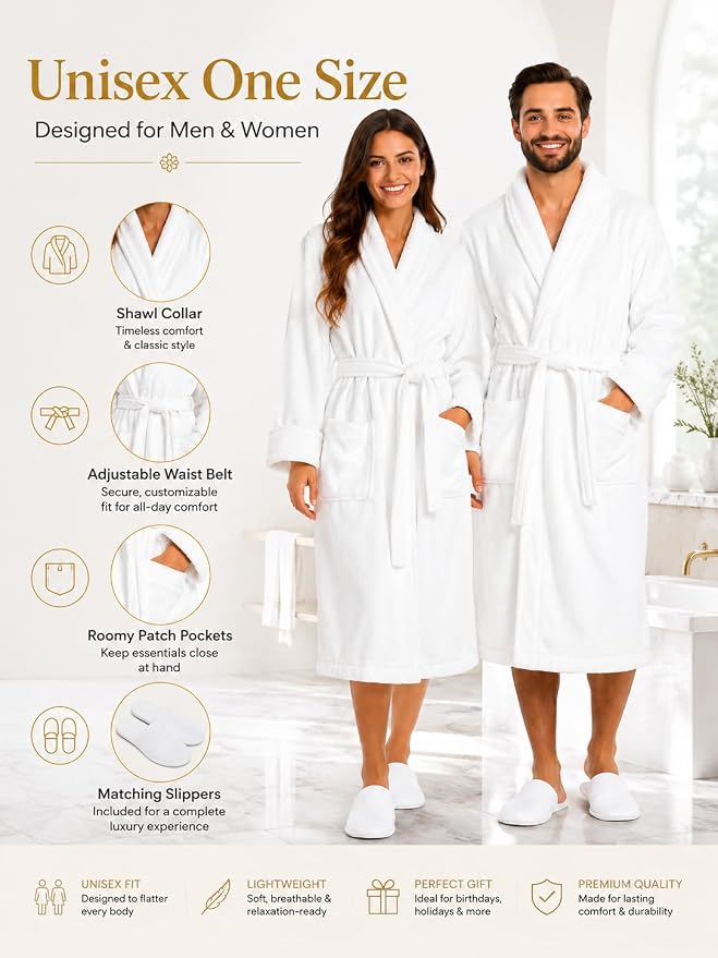 BIOLINEN 100% Cotton Terry Shawl Collar Bathrobe with Slippers