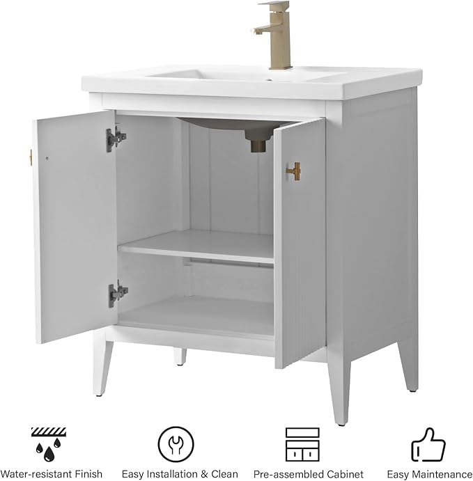 HOMEBEYOND 30" Bathroom Vanity with Ceramic Sink, Solid Wood Free-Standing Vanities Cabinet, Ceramic Top, Golden Brushed Handware & Soft Closing Door, White