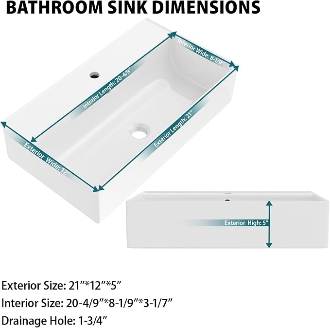 21"x12" White Ceramic Wall Mount Floating Bathroom Vessel Sink | Wall Mount Bathroom Sink Rectangle Vanity Vessel Bathroom Sink