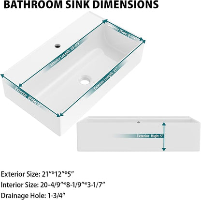 21"x12" White Ceramic Wall Mount Floating Bathroom Vessel Sink | Wall Mount Bathroom Sink Rectangle Vanity Vessel Bathroom Sink