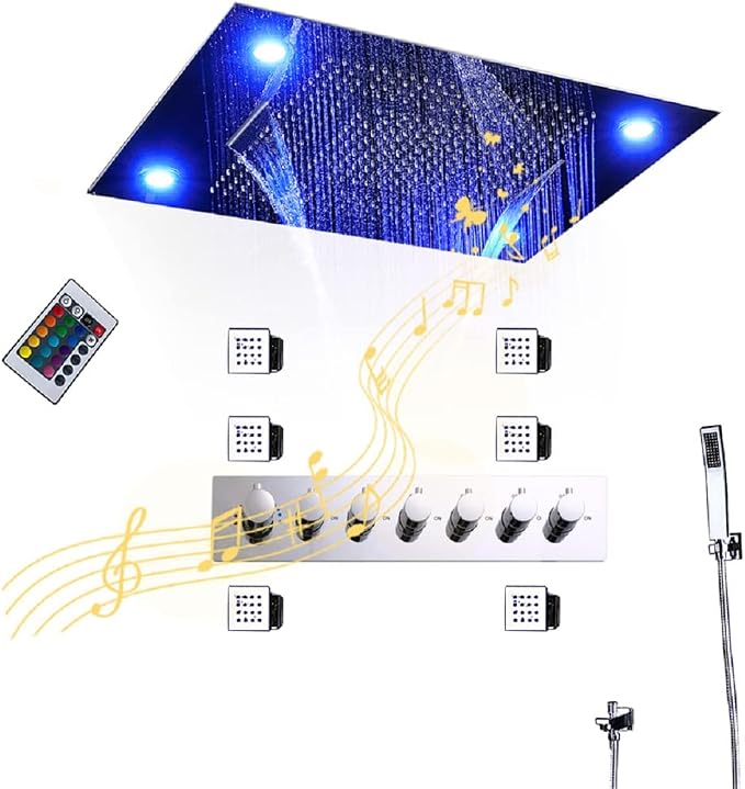 CASCADA 23"x31" LED Shower System with Handheld Shower | Luxurious 6 Functions (Rainfall, Waterfall, Curtain, Misty, Body Jets & Handheld) | 7 Knob Valve (Music, Antique Brass)