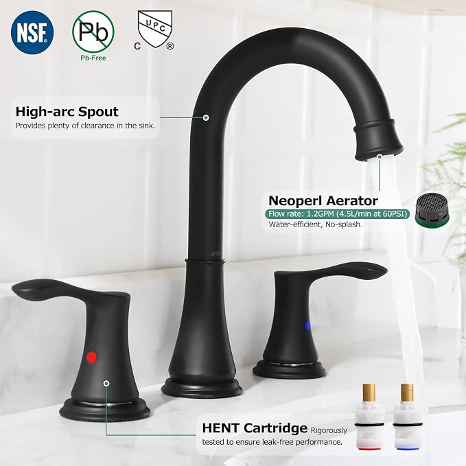 Matte Black Widespread Bathroom Sink Faucet 8 Inch for Vanity | with All Metal Pop Up Drain, High Arc 2 Handle Lead-Free Deck Mount Bathroom Faucet for 3 Hole Lavatory Utility Sink