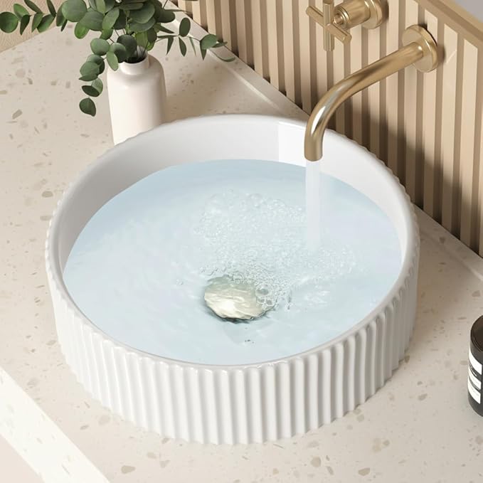 KES Bathroom Vessel Sink, 16 Inch Small Vessel Sink for Bathroom, Round Bowl Sink White Above Counter, RV Sink, Countertop Modern Sinks for Cabinet Lavatory Vanity Porcelain Ceramic, BVSC129
