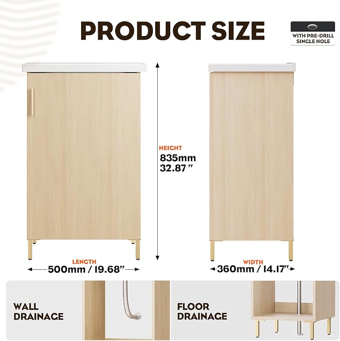 20 Inch Oak Pre-Assembled Small Bathroom Vanity Freestanding Cabinet with Ceramic Sink, Soft-Close Door, Space-Saving Design, No Faucet,BV05-20-OAK-JH