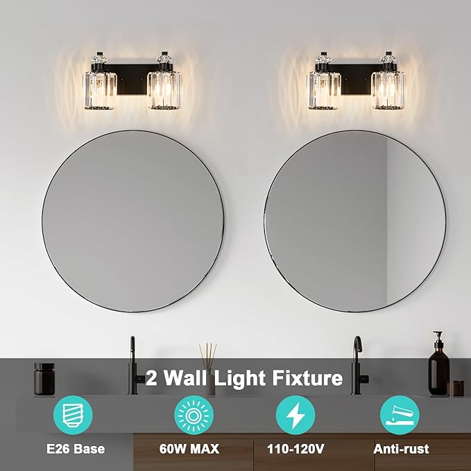 Black Bathroom Light Fixtures with K9 Crystal Lampshade Bathroom Lighting Over Mirror Vanity Lights for Living Room,Bedroom,Restroom,Hallway 2 Lights