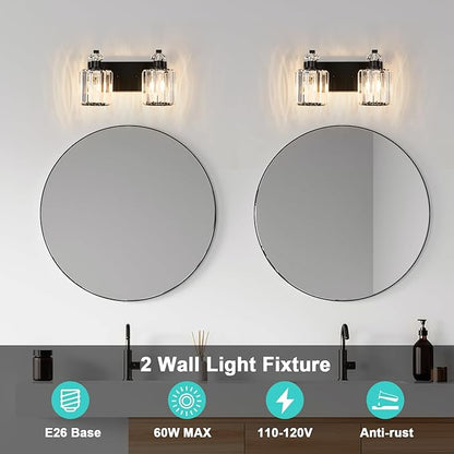Black Bathroom Light Fixtures with K9 Crystal Lampshade Bathroom Lighting Over Mirror Vanity Lights for Living Room,Bedroom,Restroom,Hallway 2 Lights