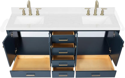 ARIEL Cambridge 72-inch Bathroom Vanity with Sink,Solid Wood, 1.5-inch Carrara White Quartz Countertop, Double Oval Porcelain Sink, 4 Soft Closing Doors, 6 Dovetail Drawers, Midnight Blue