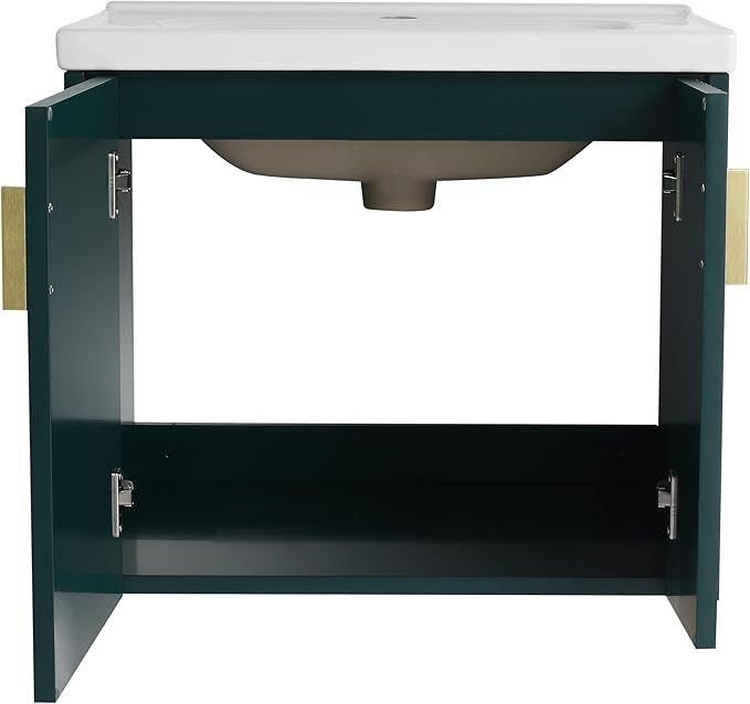 SSLine 24" Wall-Mount Bathroom Vanity Modern Floating Bathroom Vanity Set with Ceramic Sink Basin & Storage Cabinet 24-Inch Luxury Green Small Bathroom Vanities with Round Metal Handles