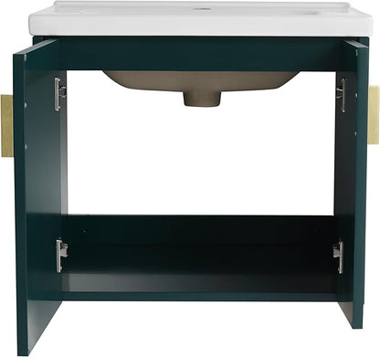 SSLine 24" Wall-Mount Bathroom Vanity Modern Floating Bathroom Vanity Set with Ceramic Sink Basin & Storage Cabinet 24-Inch Luxury Green Small Bathroom Vanities with Round Metal Handles