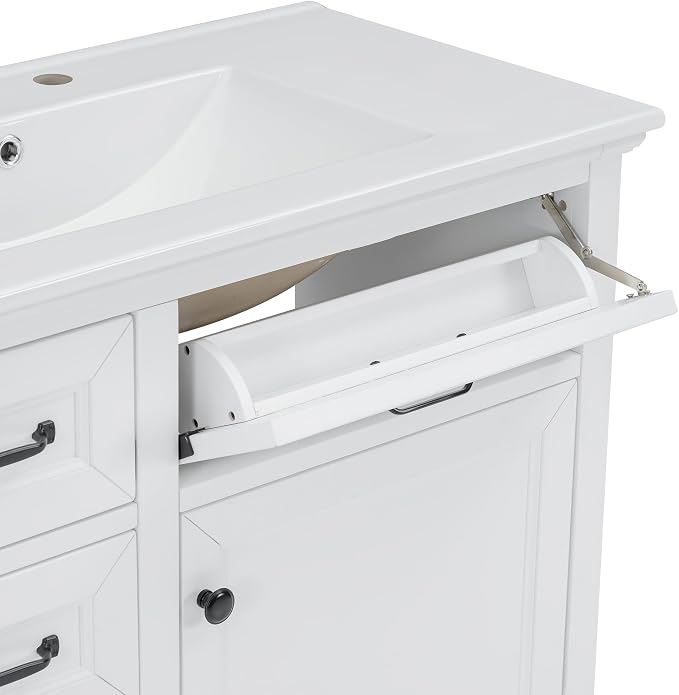 36" Bathroom Vanity with Ceramic Sink,Freestanding Storage Cabinet w/Soft-Close Door and 2 Tip-Out & 2 Drawers,Undermount Single Basin Bath Vanity Set w/Adjustable Shelf,White