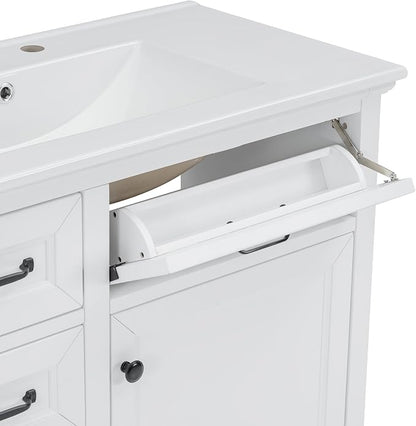 36" Bathroom Vanity with Ceramic Sink,Freestanding Storage Cabinet w/Soft-Close Door and 2 Tip-Out & 2 Drawers,Undermount Single Basin Bath Vanity Set w/Adjustable Shelf,White