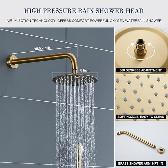 TIPOK Brushed Gold Shower System with 8 Inch Round Shower Head and Handheld, Rainfall Shower Faucets Sets Complete, Gold Shower Head System Wall Mounted Shower Set for Bathroom