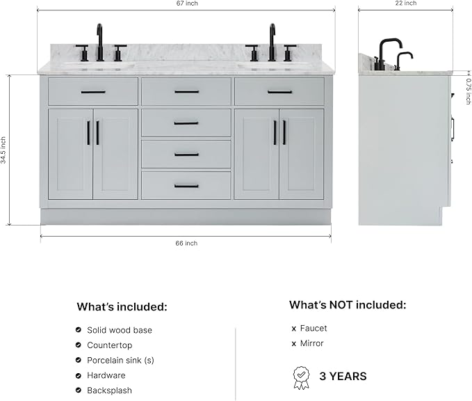 ARIEL Hepburn 66-inch Bathroom Vanity with Sink,Solid Wood, 0.75-inch Italian Carrara Marble Countertop, Double Rectangular Porcelain Sink, 4 Soft Closing Doors, 6 Dovetail Drawers, Grey