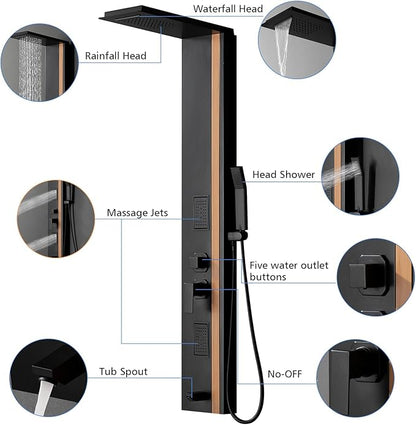 BWE Shower Tower Bathroom Shower Panel System Stainless Steel Multi-Function Shower Panel with Rainfall Waterfall Shower Head Massage Jets Tub Spout, Black