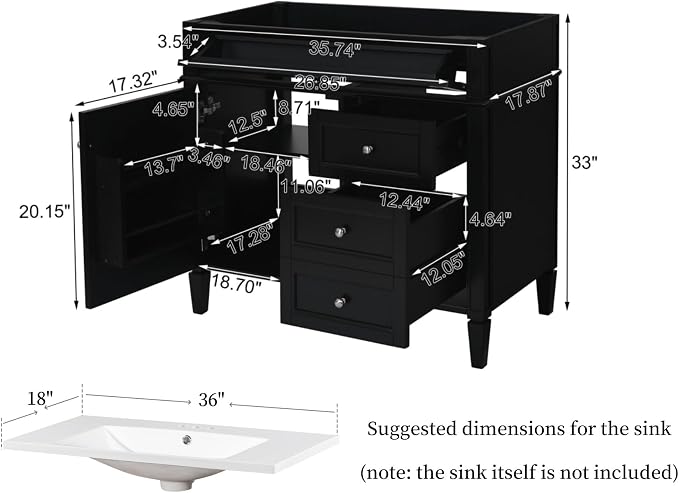 Merax 36'' Bathroom Vanity Without Top Sink, Solid Rubberwood Frame Cabinet | Modern Bathroom Vanity Storage Cabinet with 2 Drawers, Tip-out Drawer, Adjustable Shelf, Soft Closing Doors, Black