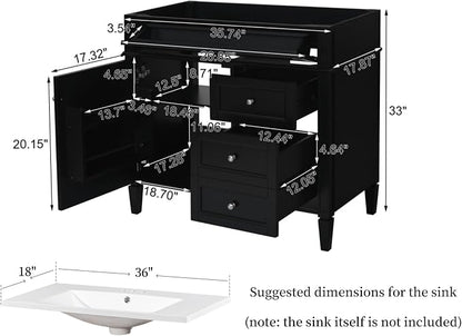 Merax 36'' Bathroom Vanity Without Top Sink, Solid Rubberwood Frame Cabinet | Modern Bathroom Vanity Storage Cabinet with 2 Drawers, Tip-out Drawer, Adjustable Shelf, Soft Closing Doors, Black