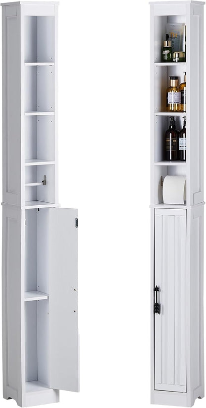 VECELO Narrow Bathroom Storage Cabinet with 3 Adjustable Shelves, 71" Tall Freestanding Cabinet with Toilet Paper Holder, Slim Tower Cabinet with Magnetic Door, for Small Spaces, White