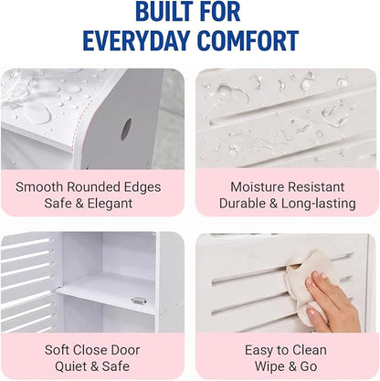 BorealBear Slim Bathroom Storage Cabinet with Louvered Doors for Women, Narrow Freestanding Floor Cabinet to Store Pads Tampons Toiletries, 3-Tier Large Moisture-Resistant Organizer Small Space