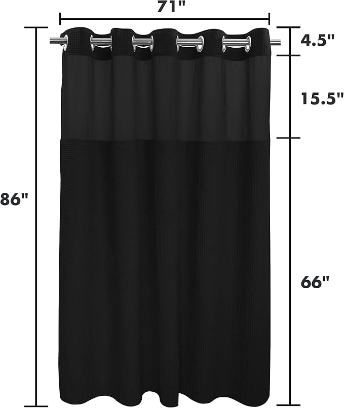 River Dream Cotton Blend Fabric Shower Curtain Set with Liner, Black, 71x86 | Waffle Weave, No Hook Needed, with Snap in Replacement Liner, Top Sheer Window, Hotel Quality for Bathroom, Extra Long