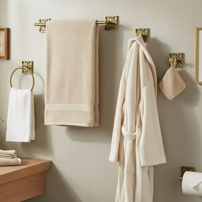 Autumn Alley 5 PC Vintage Brass Bathroom Accessories Set, Wall Mounted – Towel Racks for Bathroom, Bathroom Accessories, Bathroom Hardware Set, Brass Toilet Paper Holder, Towel Ring, Towel Hook