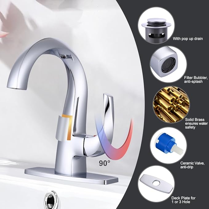 WOWOW Single Handle Bathroom Faucet 1 Hole High Arc Bathroom Basin Faucet Chrome with Pop Up Drain, Solid Brass Commercial Bathroom Sink Faucet Basin Vanity Sink (Patented Product)