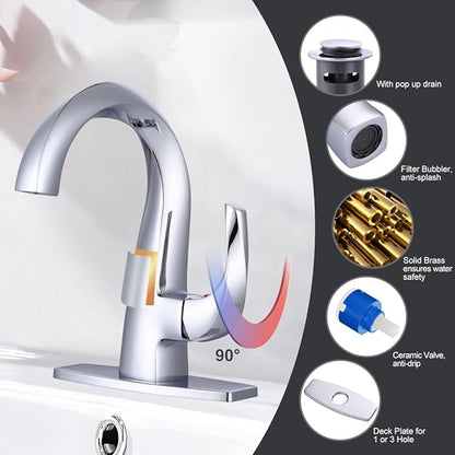 WOWOW Single Handle Bathroom Faucet 1 Hole High Arc Bathroom Basin Faucet Chrome with Pop Up Drain, Solid Brass Commercial Bathroom Sink Faucet Basin Vanity Sink (Patented Product)
