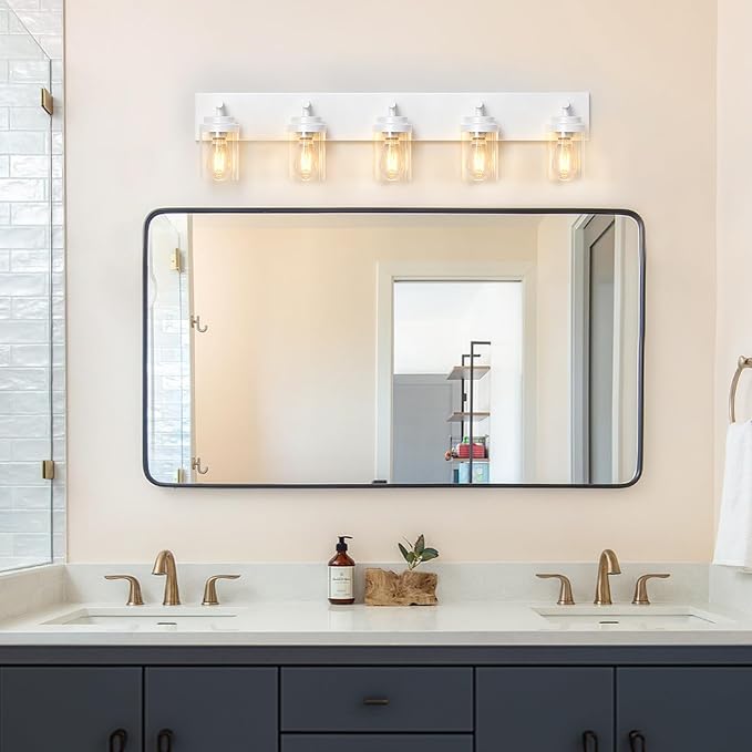 IZORRO Bathroom Vanity Light Fixture, 5-Light 36 Inch White Bathroom Light Fixtures Over Mirror, with Clear Glass Shade, Modern Farmhouse Vanity Lights, Rustic Restroom Lighting Fixtures