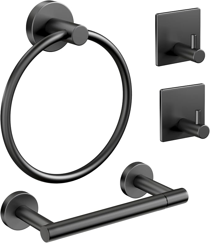 Pokim Matte Black Bathroom Hardware Set - SUS304 Stainless Steel Toilet Paper Holder,Towel Ring and 2 Robe Hooks,Rustproof,Wall Mounted 4 Piece Bathroom Accessories,Easy Installation for Bathroom