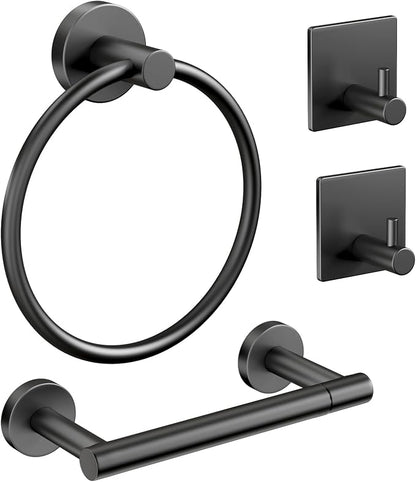 Pokim Matte Black Bathroom Hardware Set - SUS304 Stainless Steel Toilet Paper Holder,Towel Ring and 2 Robe Hooks,Rustproof,Wall Mounted 4 Piece Bathroom Accessories,Easy Installation for Bathroom