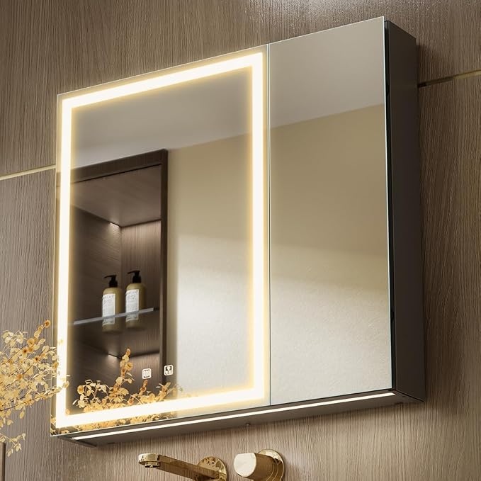 30x28 Inch Two Doors Aluminum LED Bathroom Medicine Cabinet with Mirror | Light Adjustment, Anti-Fog, Sockets&USBs, High Capacity, Easy to Install