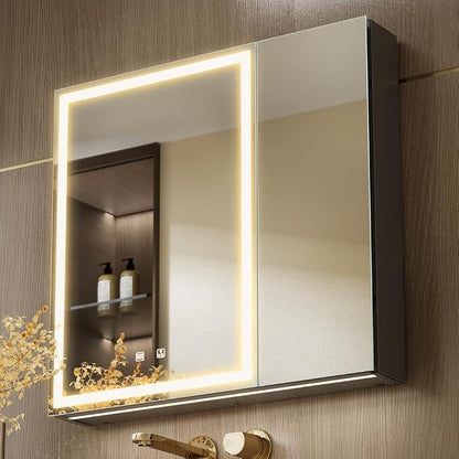 30x28 Inch Two Doors Aluminum LED Bathroom Medicine Cabinet with Mirror | Light Adjustment, Anti-Fog, Sockets&USBs, High Capacity, Easy to Install