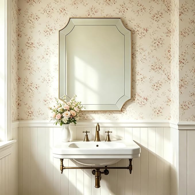 Scalloped Mirror for Bathroom, 22x30 Inch Brushed Gold | Rust-Proof Stainless Steel Thin Frame, Unique Segmented Glass Pieces Design, Wall-Mounted Vertical/Horizontal