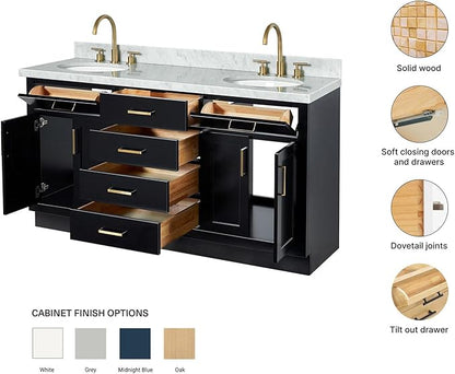 ARIEL Hepburn 66-inch Bathroom Vanity with Sink,Solid Wood, 1.5-inch Italian Carrara Marble Countertop & Backsplash, Double Oval Porcelain Sink, 4 Soft Closing Doors, 6 Dovetail Drawers, Black
