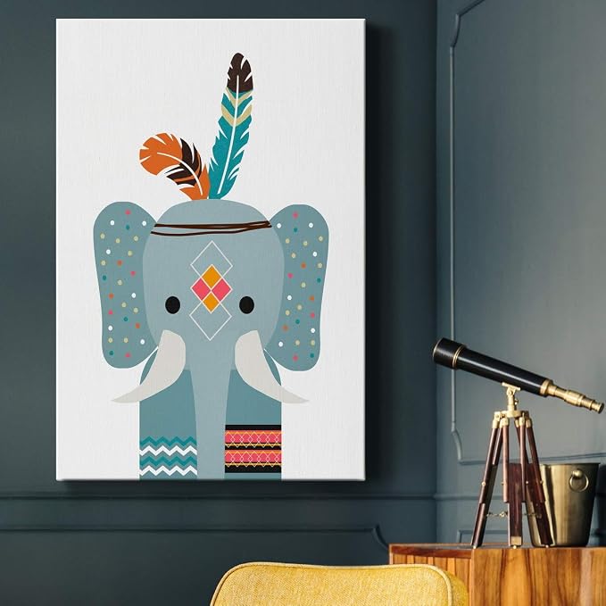 Renditions Gallery Animal Canvas Wall Art Home Paintings & Prints Blue Baby Elephant Animated Modern Wall Hanging Decorations Artwork for Bedroom Living Room Office Kitchen - 32"x48" LT02