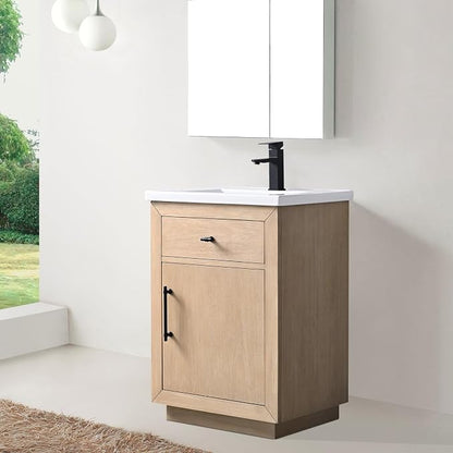 Vanity Art 24 inch Bathroom Vanity with Sink, Vanity Cabinet with Doors and Removable Shelf, Modern Wood Cabinet with Marble Top, Solid Wood Frame, Ceramic Sink,VA70-24-LW-E