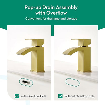 CREA Gold Waterfall Bathroom Faucet Single Hole,Brushed Gold Faucet for Bathroom Vanity Single Handle Bathroom Sink Faucet 1 Hole,Stainless Steel Utility Sink Faucet for RV Bar Lavatory(Pop Up Drain)