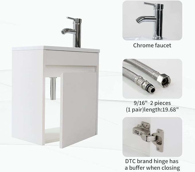 wonline 16" Bathroom Vanity Set Wall Mounted for Small Space Fully Assembled Cabinet with Sink Combo Chrome Faucet White