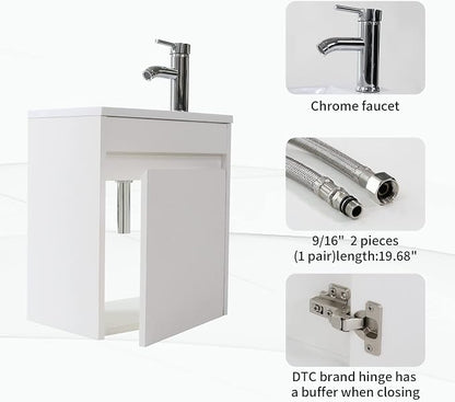 wonline 16" Bathroom Vanity Set Wall Mounted for Small Space Fully Assembled Cabinet with Sink Combo Chrome Faucet White