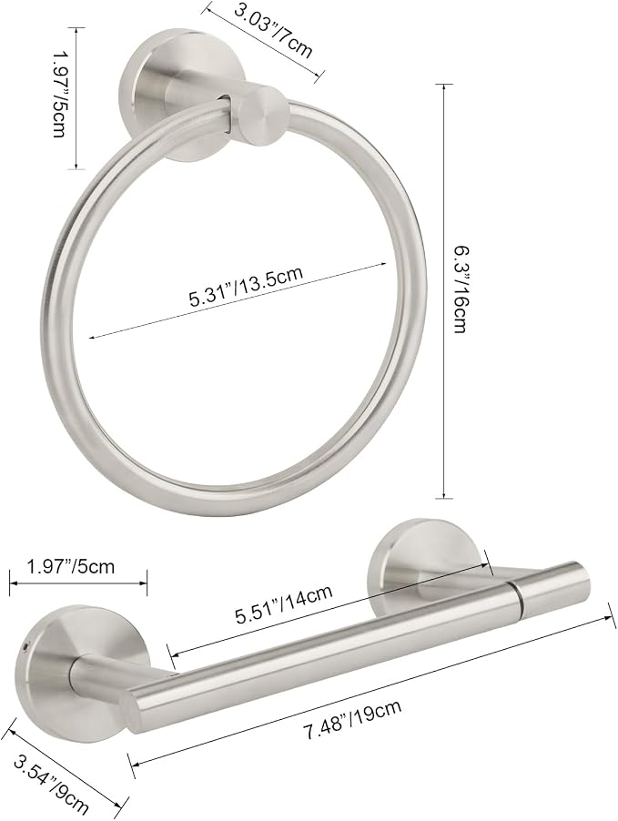 Brushed Nickel Toilet Paper Holder Set, Stainless Steel Towel Ring, Double Post Pivoting Toilet Paper Holder and Hand Towel Holder Set for Bathroom, Bathroom Hardware Accessories Set