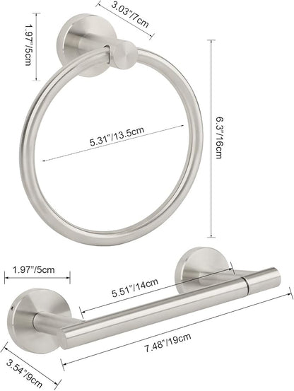 Brushed Nickel Toilet Paper Holder Set, Stainless Steel Towel Ring, Double Post Pivoting Toilet Paper Holder and Hand Towel Holder Set for Bathroom, Bathroom Hardware Accessories Set