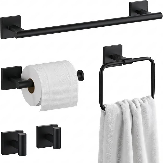 16 in 5-Piece Bathroom Hardware Set, Matte Black | SUS304 stainless steel, towel bar, towel ring, toilet paper holder, 2 robe hooks, hidden screw mount