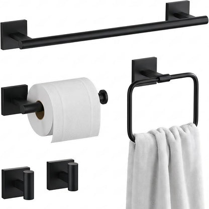 16 in 5-Piece Bathroom Hardware Set, Matte Black | SUS304 stainless steel, towel bar, towel ring, toilet paper holder, 2 robe hooks, hidden screw mount