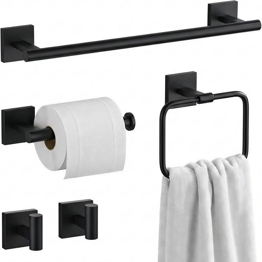 16 in 5-Piece Bathroom Hardware Set, Matte Black | SUS304 stainless steel, towel bar, towel ring, toilet paper holder, 2 robe hooks, hidden screw mount