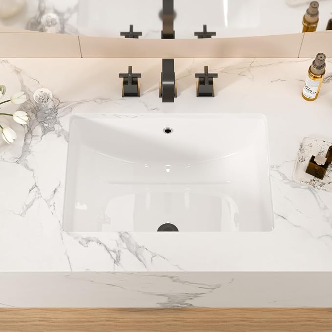 White Ceramic 21"x14" Undermount Bathroom Lavatory Sink | Rectangle under counter white bathroom vessel sink for bathroom