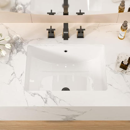 White Ceramic 21"x14" Undermount Bathroom Lavatory Sink | Rectangle under counter white bathroom vessel sink for bathroom