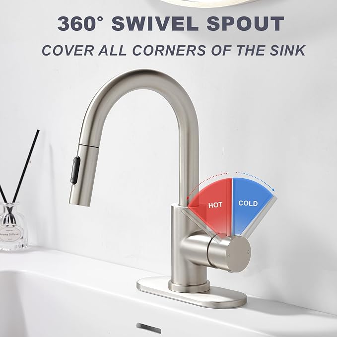 Brushe Nickel Bathroom Sink Faucet with Pull Down Sprayer | 2 Mode Sprayer, with Deck Plate for 1 or 3 Hole, 360° Swivel, with Pop Up Drain for Vanity Bar RV Basin Laundry Kitchen